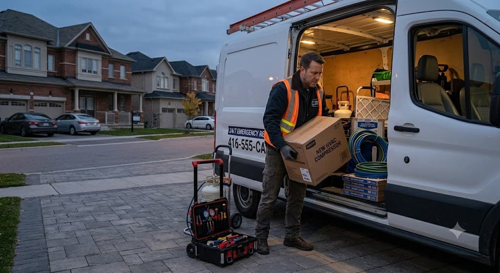 Technician servicing heating and cooling equipment